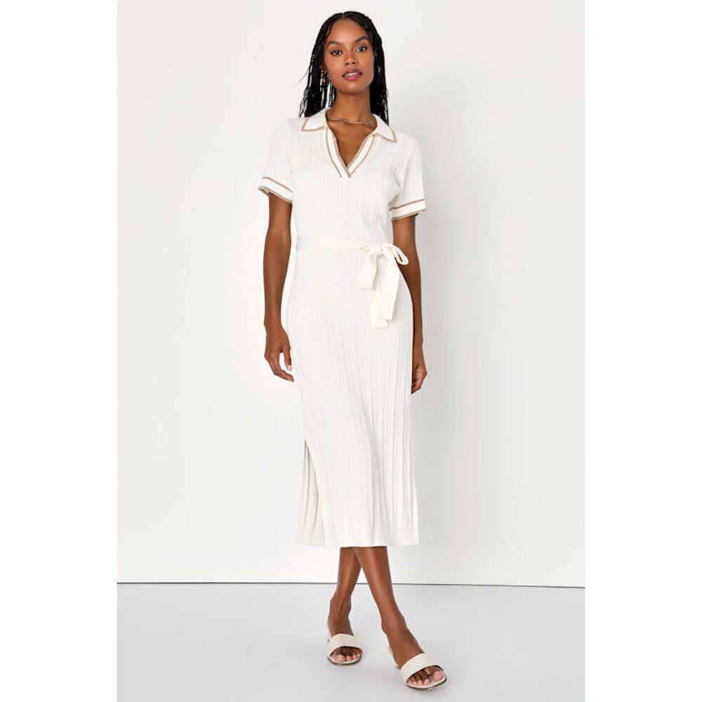 NWT Lulus Timeless Ivory Collared Short Sleeve Midi Sweater Dress White Sz M